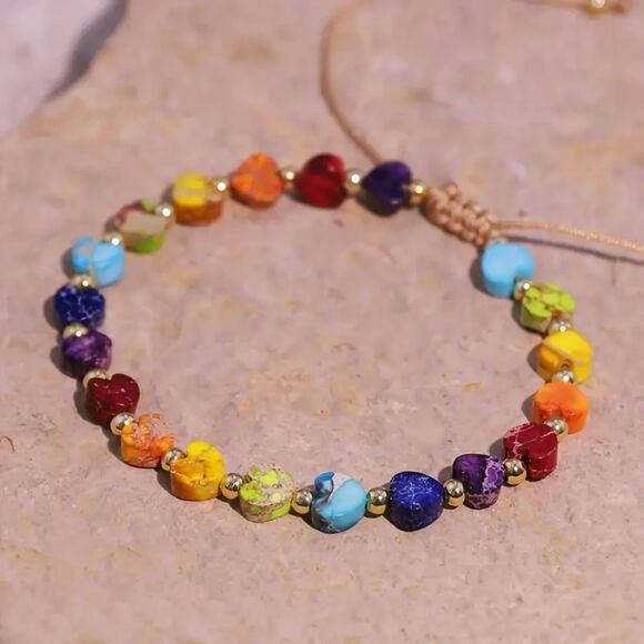 Multi Color Jasper Natural Heart Stone Beaded Bracelet Anklet Braided Adjustable - Picture 5 of 7